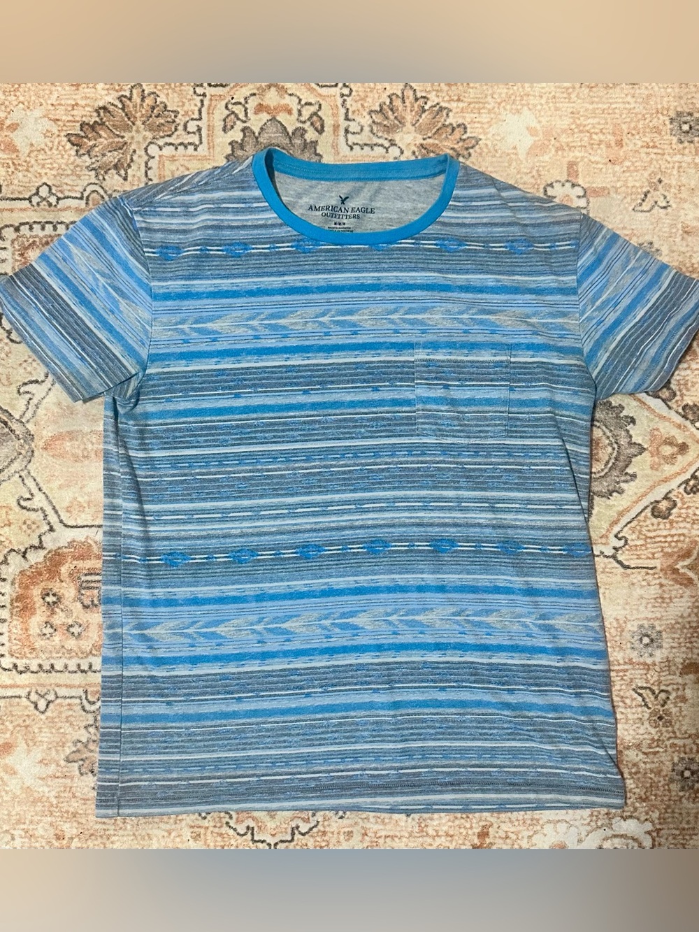 American Eagle Outfitters Blue Striped Pocket Tee - Single Needle